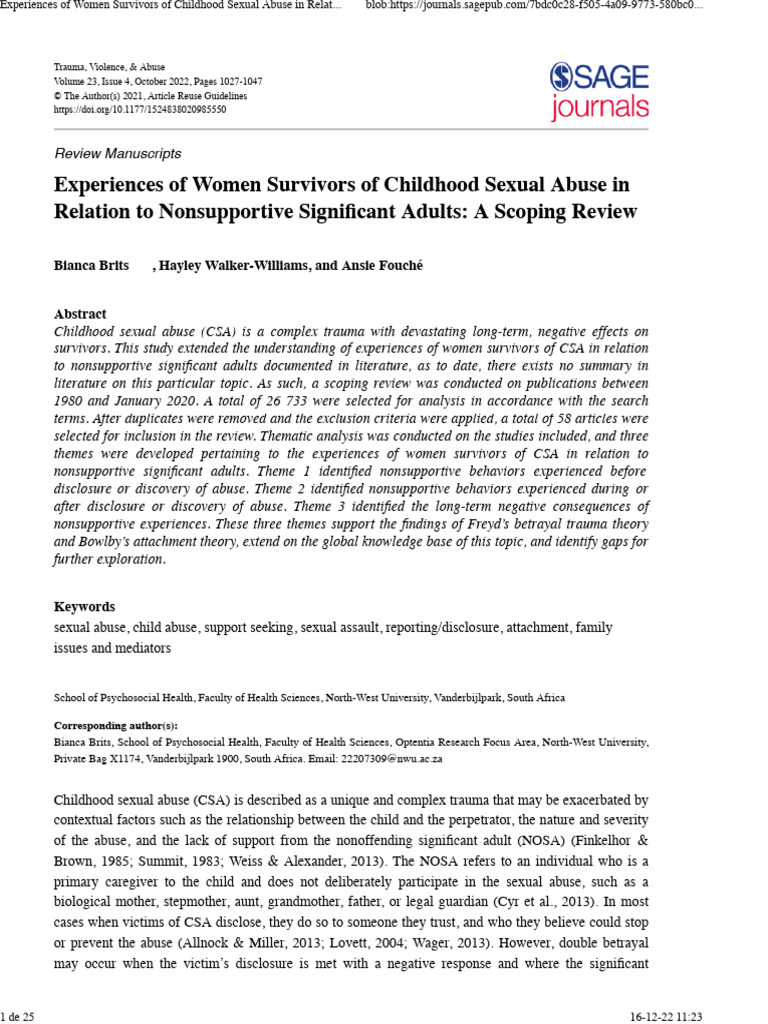 Experiences of Women Survivors of Childhood Sexual Abuse in Relation To ...