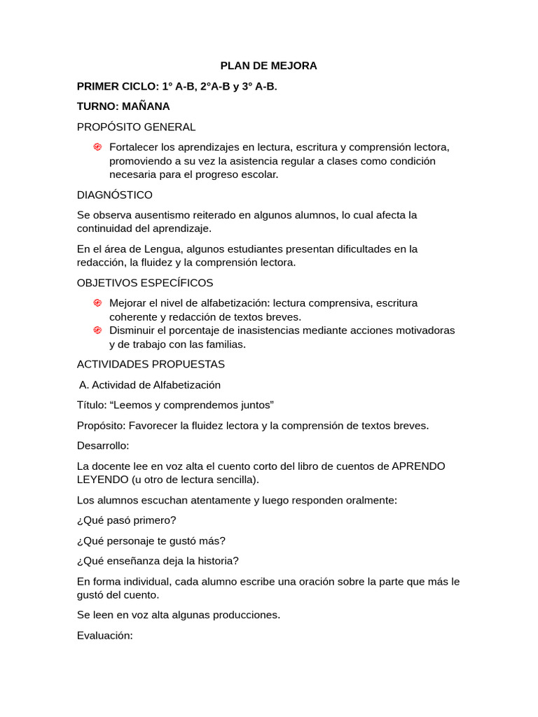 Plan de Mejora en Alfabetización Escolar | PDF | Comprensión lectora ...