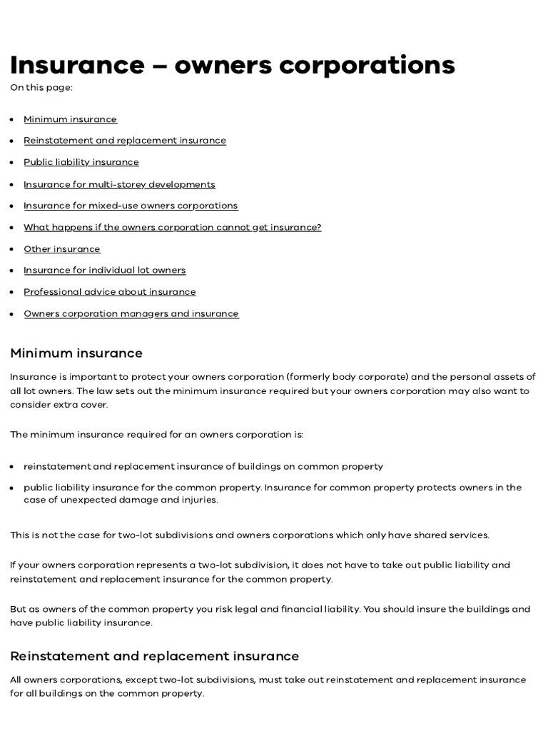 Owners Corporation Insurance Guidelines | PDF | Insurance | Legal Liability