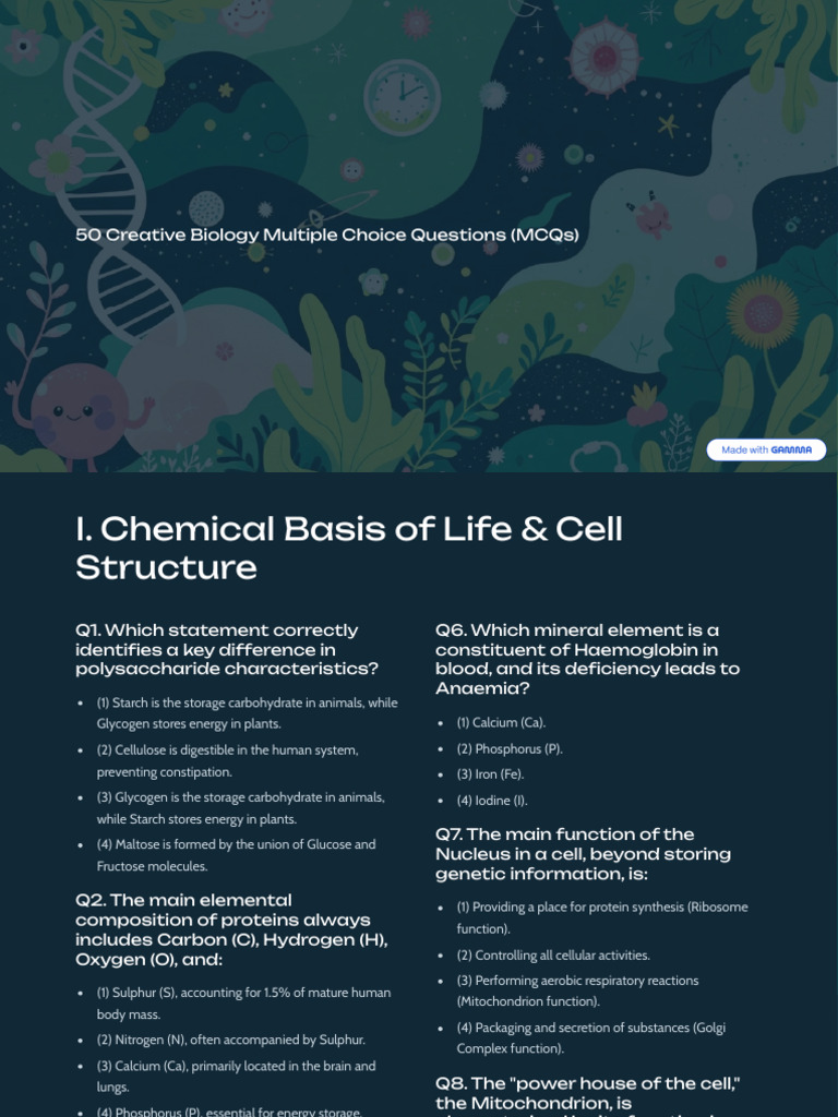 50 Creative Biology Multiple Choice Questions MCQs | PDF | Tissue ...