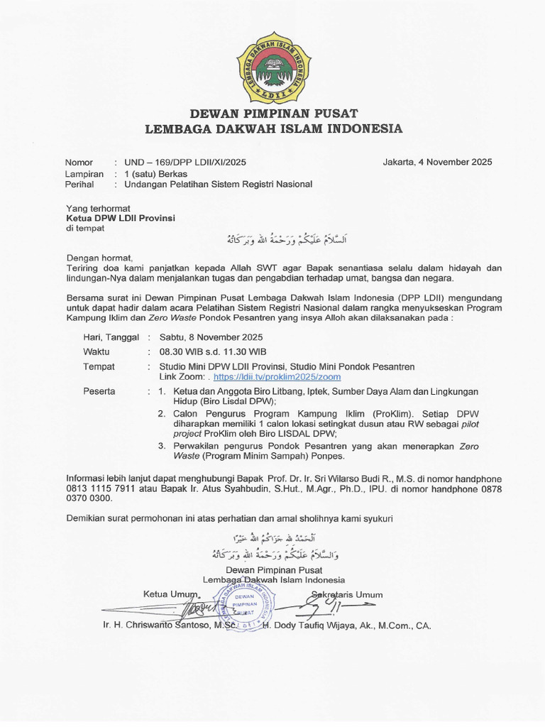 169 - Undangan Pelatihan Sistem Registri Nasional - Daring DPW LDII | PDF