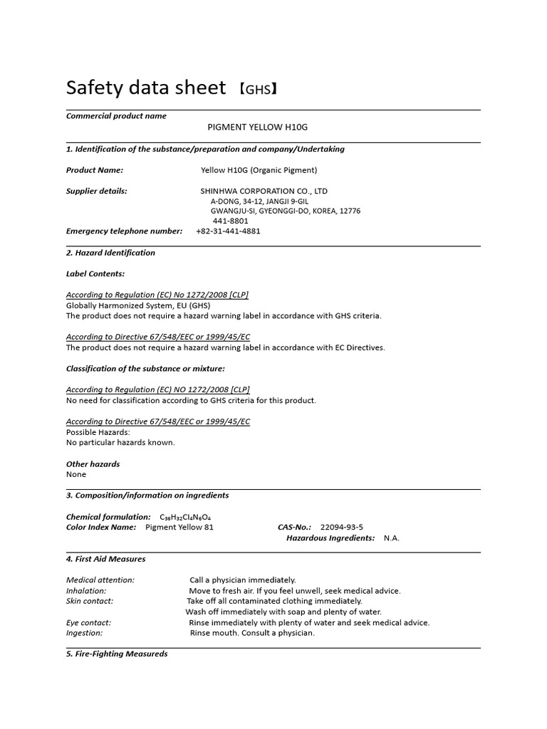 Safety Data Sheet for Pigment Yellow H10G | PDF | Occupational Safety ...