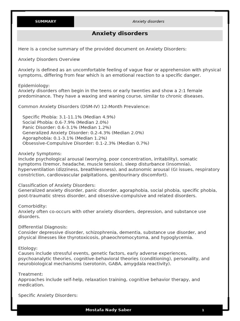 Overview of Anxiety Disorders | PDF | Anxiety | Anxiety Disorder