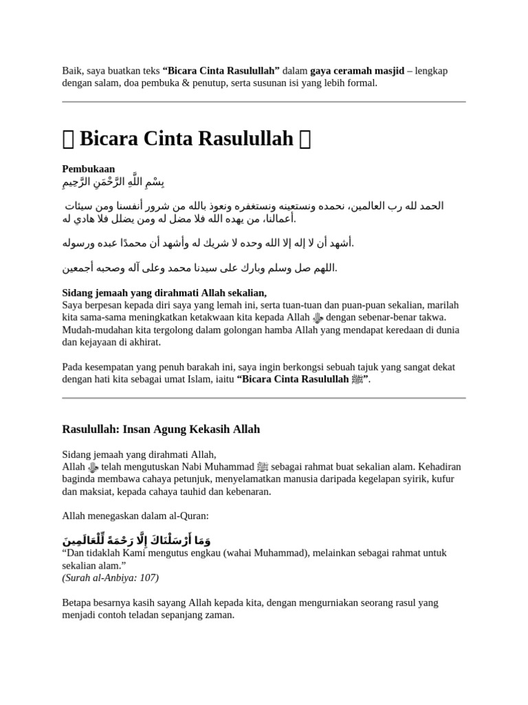 Cinta Rasulullah: Ceramah Masjid Lengkap | PDF