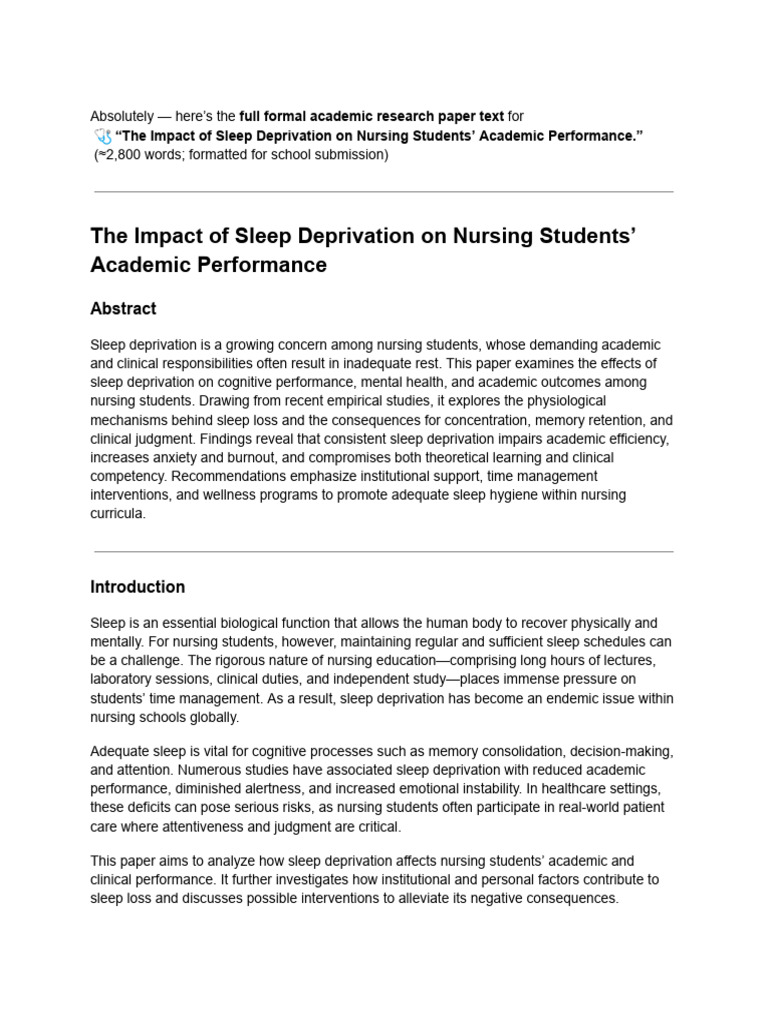 The Impact of Sleep Deprivation On Nursing Students' Academic ...
