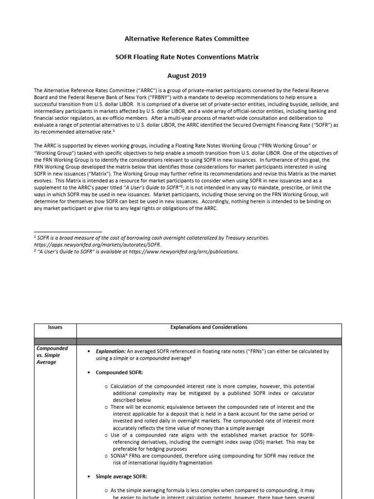 ARRC SOFR FRN Conventions Matrix | PDF | Interest | Bonds (Finance)