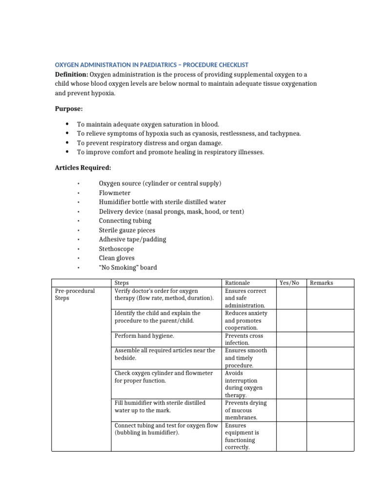 Paediatrics Oxygen Administration Checklist | PDF | Oxygen | Respiration