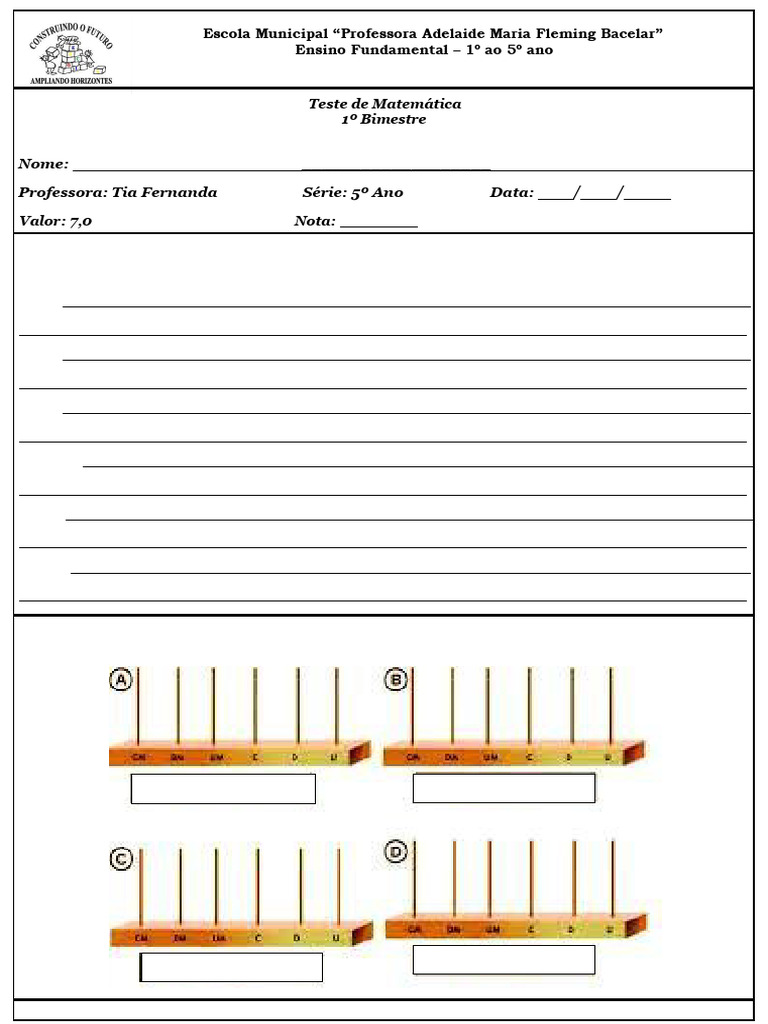 Teste de Matemática 5º Ano - 1º Bimestre | PDF
