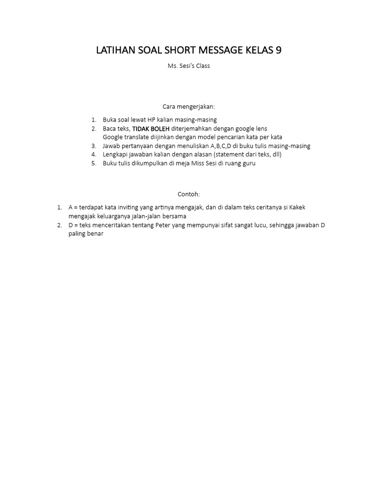 4 Latihan Soal Short Message Kelas 9 Untuk Murid | PDF