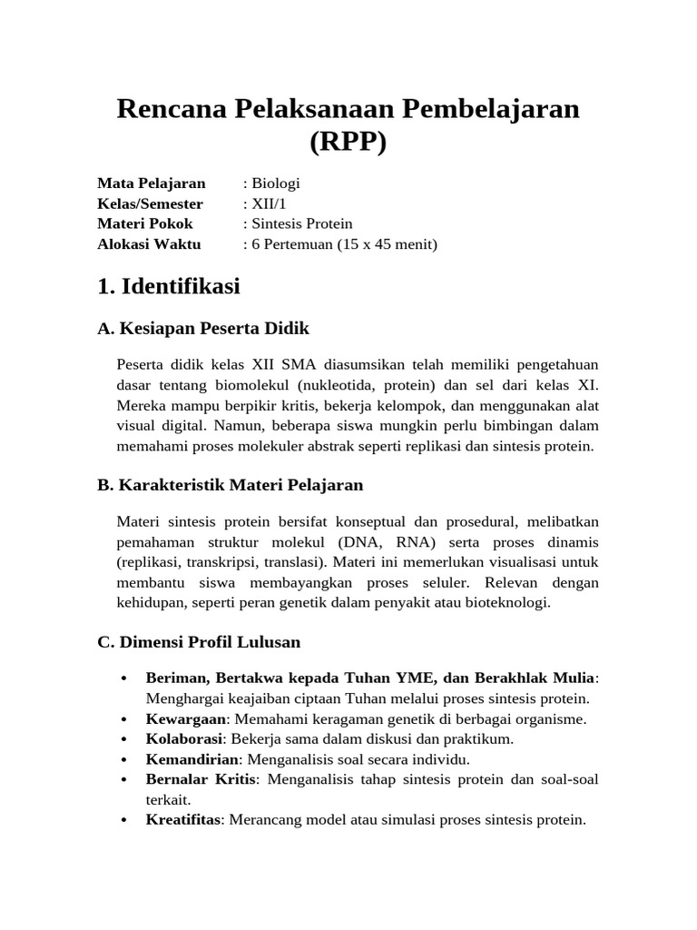 RPP Sintesis Protein Kelas XII Biologi | PDF