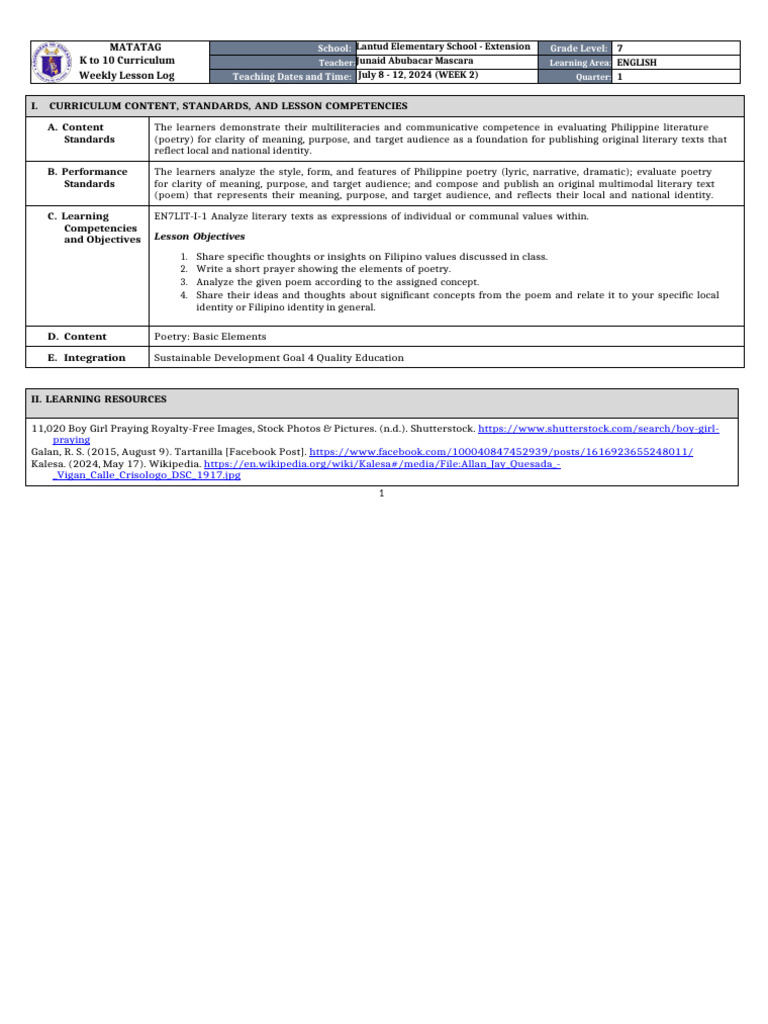 Grade 7 English Poetry Lesson Plan | PDF | Poetry | Cognitive Science