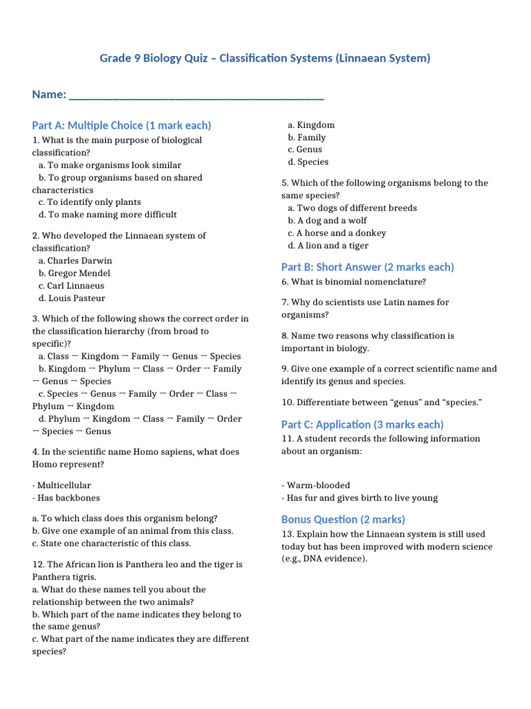 Grade 9 Biology Quiz: Linnaean Classification | PDF | Species | Genus
