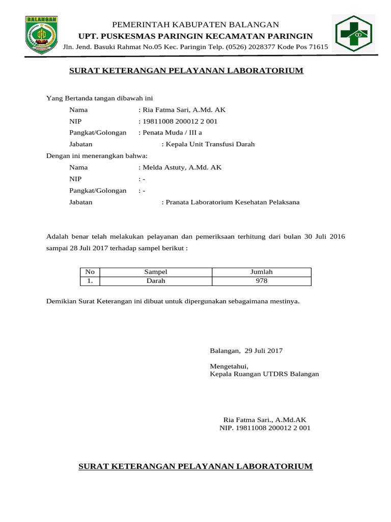 Surat Keterangan Pelayanan Laboratorium | PDF