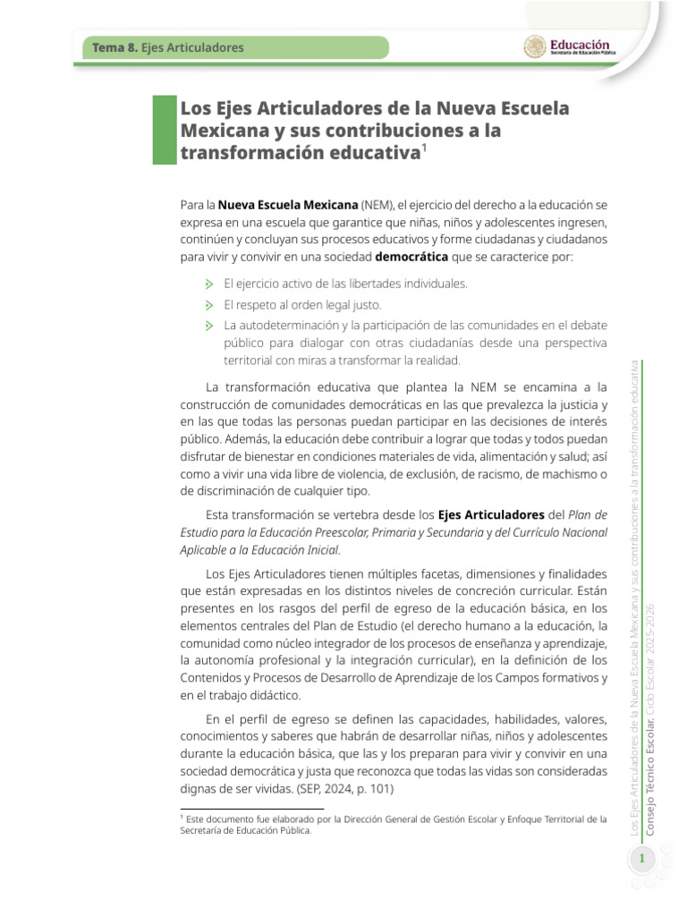 Ejes Articuladores en la Educación NEM | PDF | Educación de la primera ...
