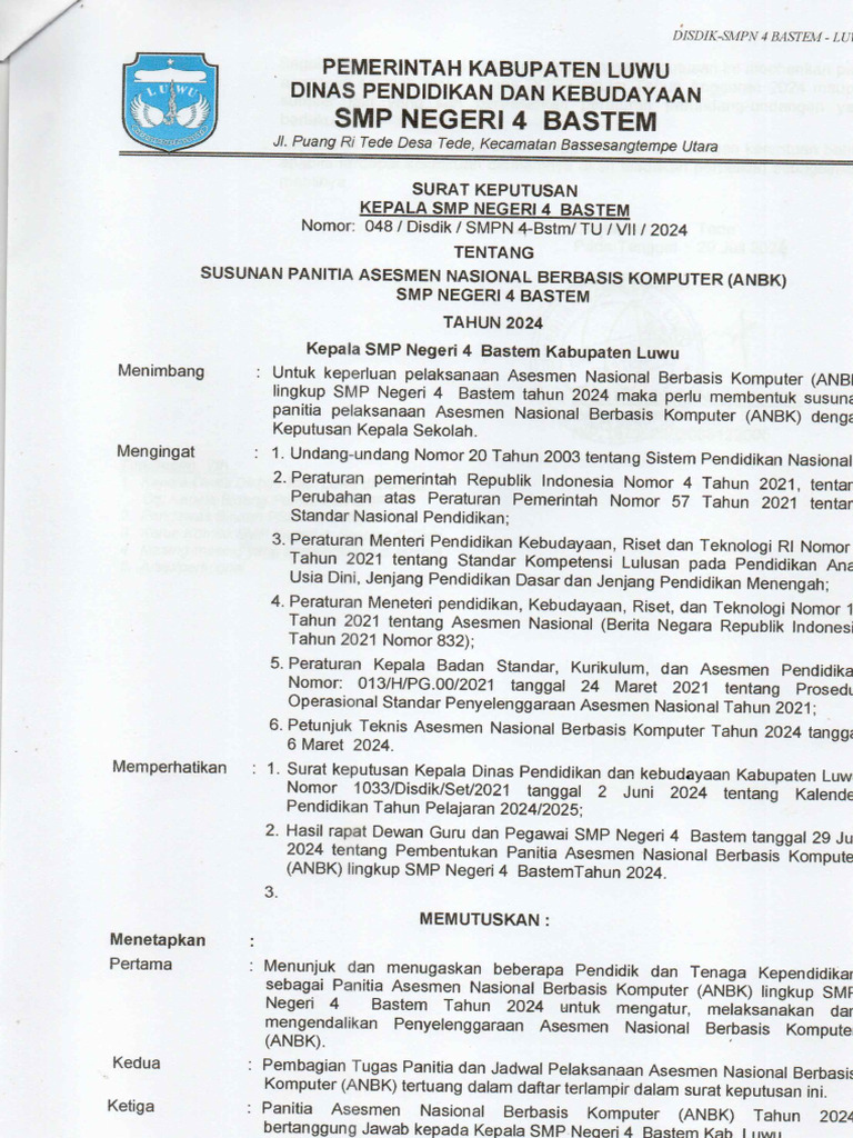 SK Panitia ANBK SMPN 4 Bastem Tahun 2024 | PDF