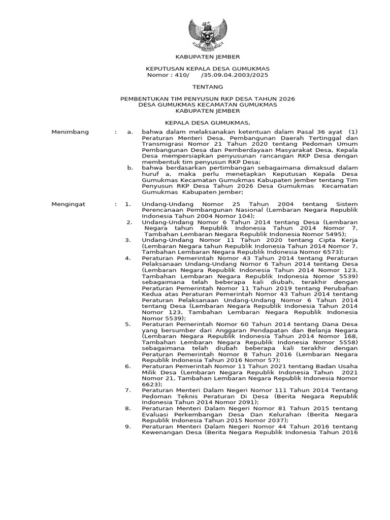 Pembentukan Tim RKP Desa 2026 Jember | PDF