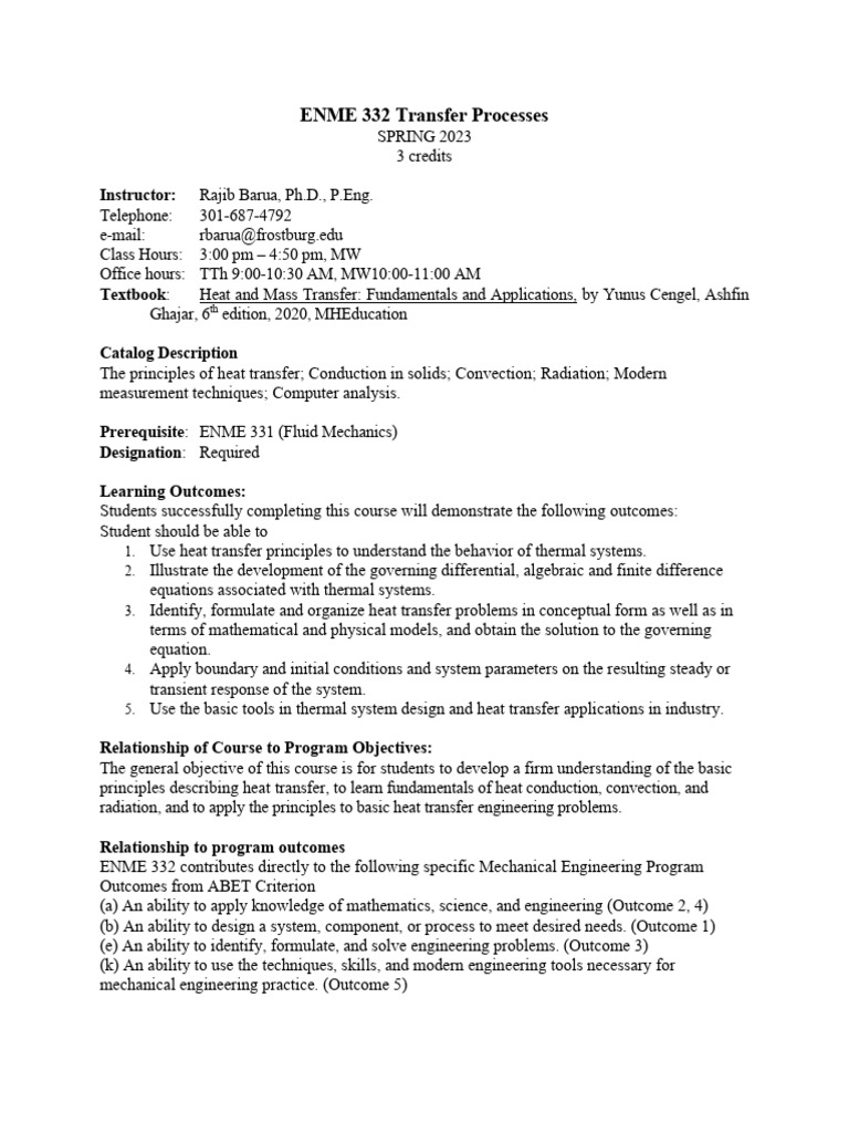 ENME 332 Heat Transfer Course Overview | PDF | Heat Transfer | Thermal ...
