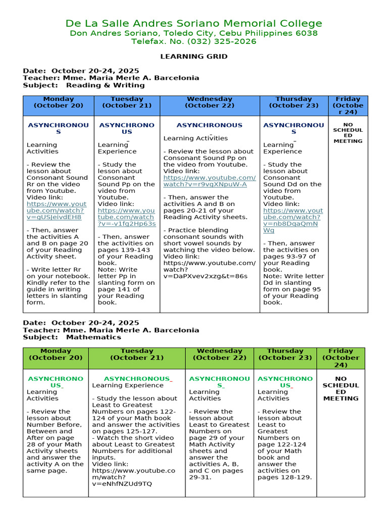 Weekly Learning Grid: Oct 20-24, 2025 | PDF