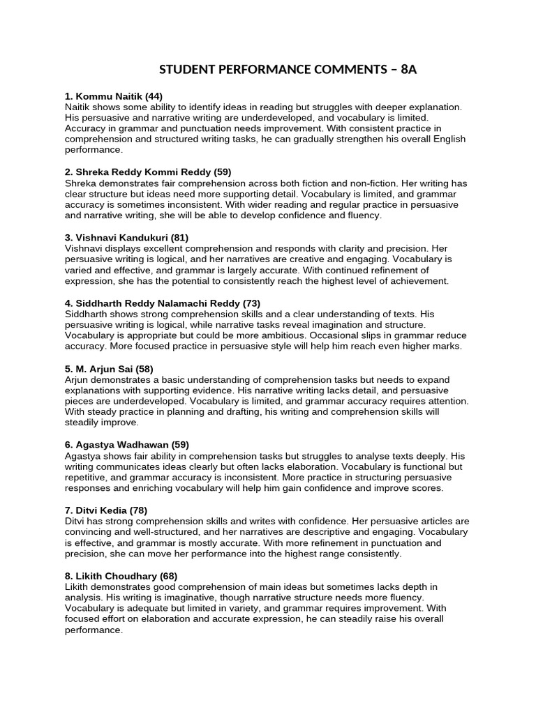 8A Student Performance Comments | PDF | Reading Comprehension | Narrative