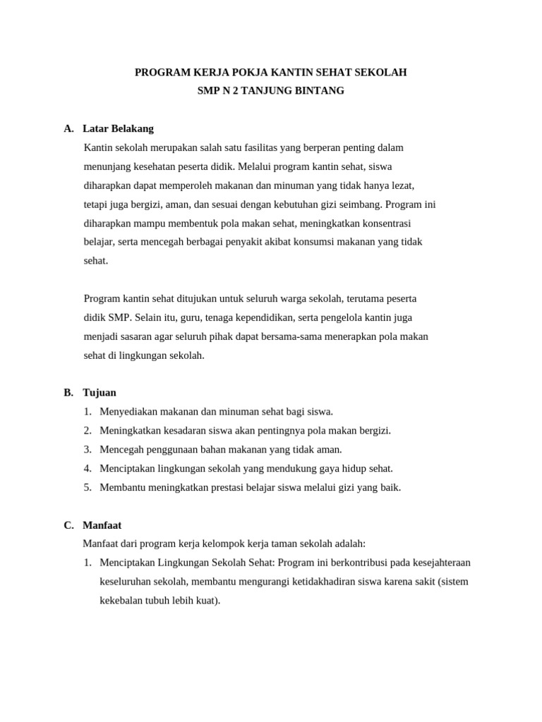 Program Kantin Sehat SMPN 2 Tanjung Bintang | PDF