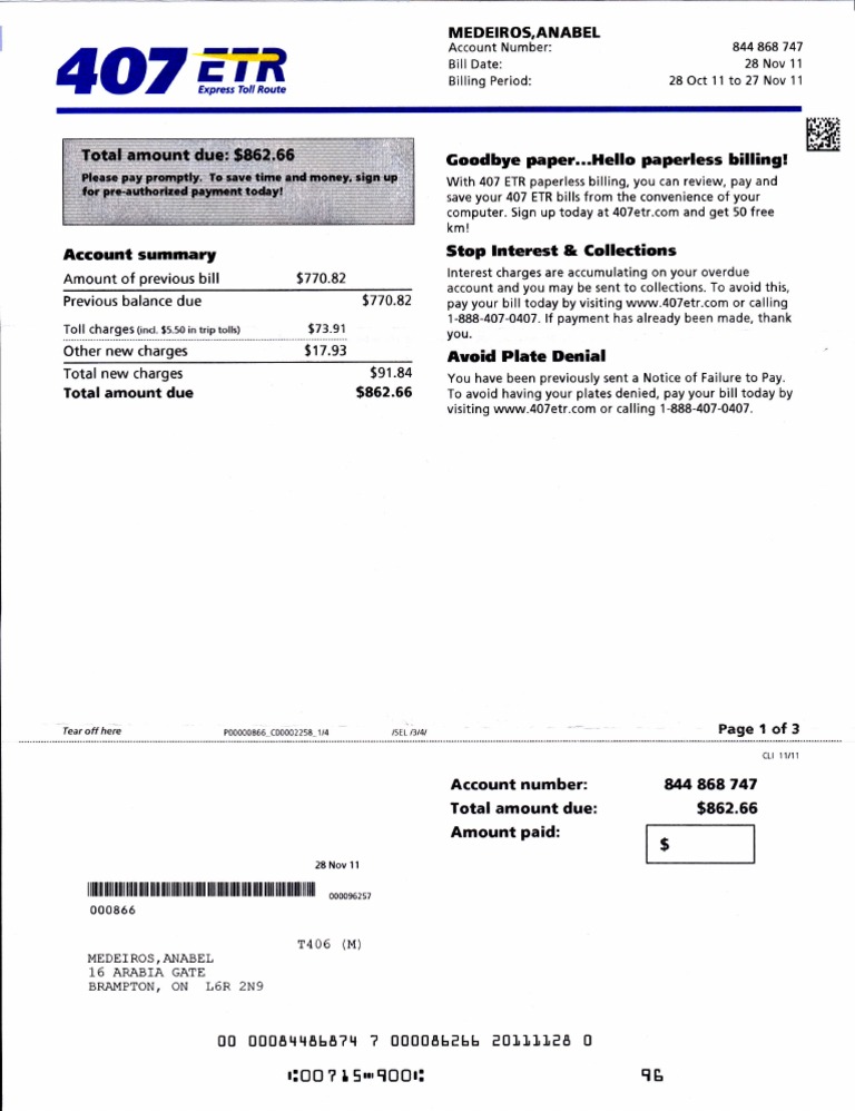 407 ETR Billing Summary and Payment Notice | PDF | Business