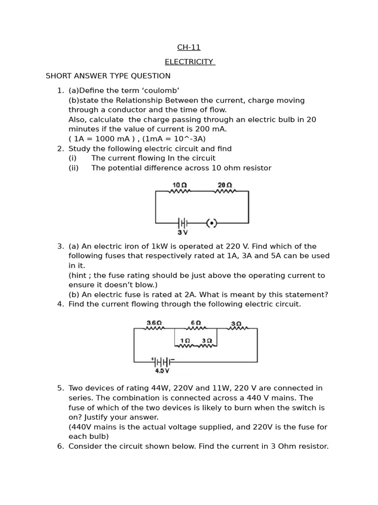 CH-11 Electrciity Worksheet - 01 (Short Answer Type and 5m) | PDF ...
