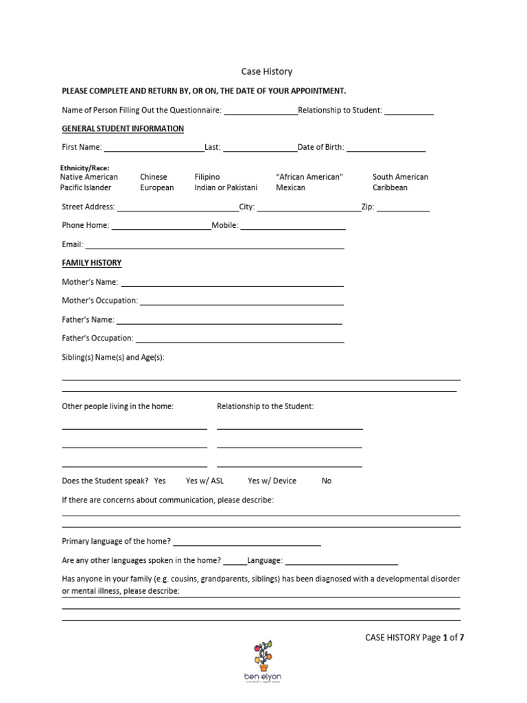 Comprehensive Student Case History Form | PDF | Caesarean Section ...