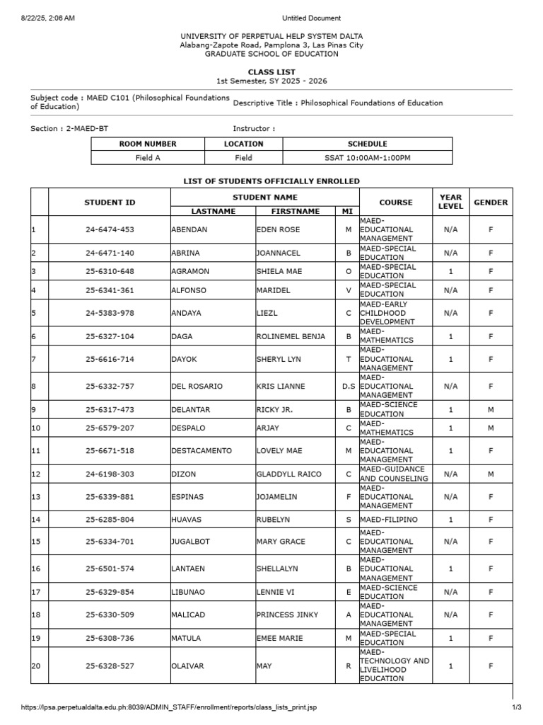 MAED Class List 1st Sem 2025-2026 | PDF