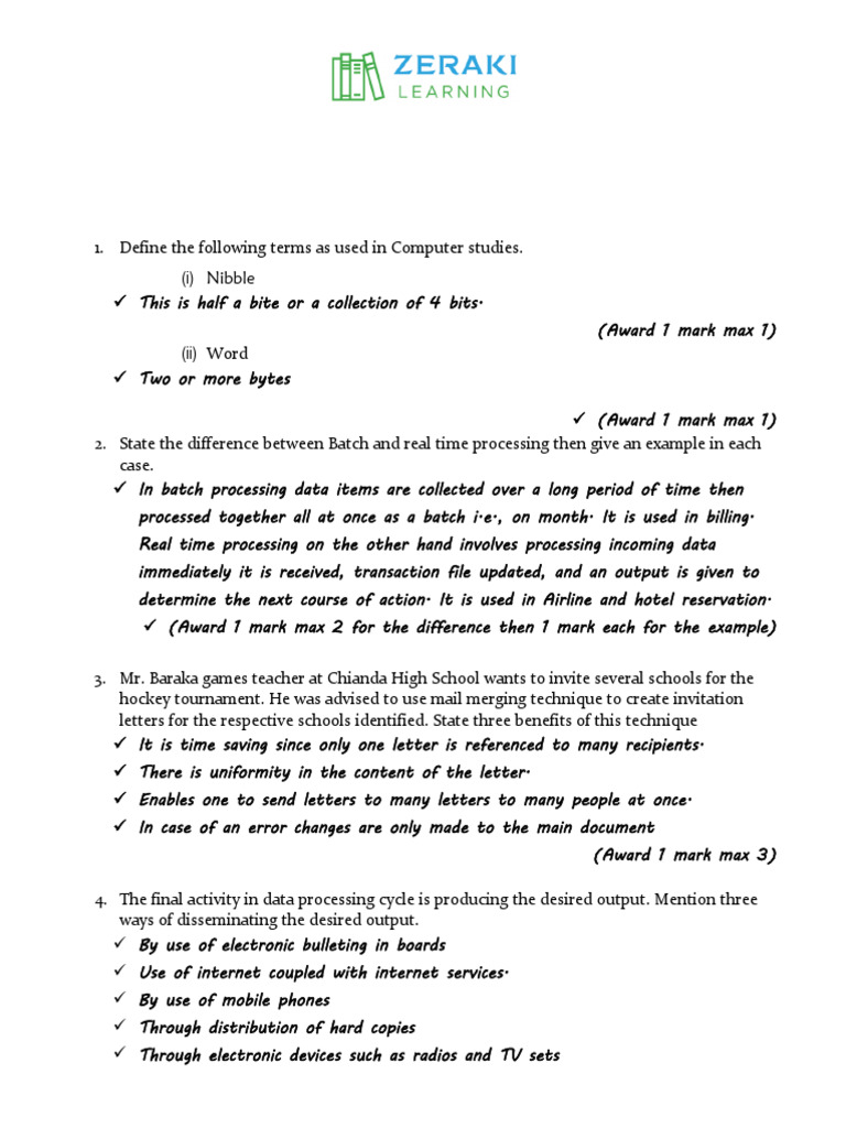 Computer Studies Form 3 Zeraki Achievers 2 0 Marking Scheme Pdf