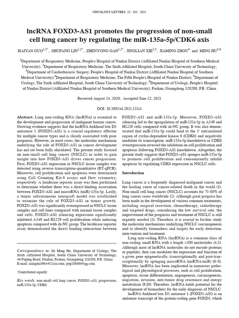 LncRNA FOXD3-AS1 Promotes The Progression of Non-S | PDF | Micro Rna ...