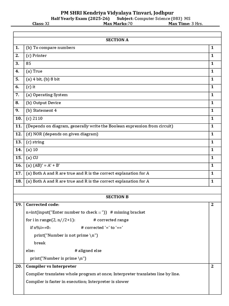 XI CS Half Yearly MS 2025-26 (1) | PDF | Computer Program | Programming