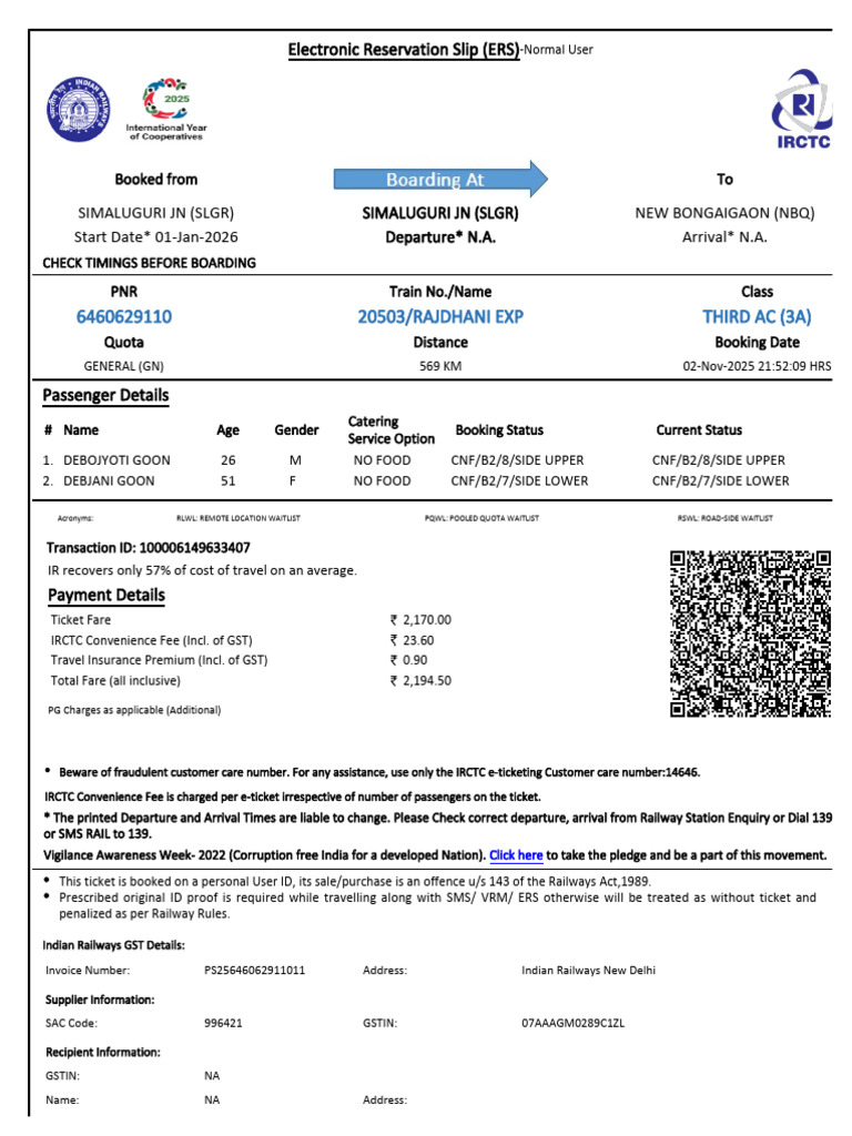 20503/RAJDHANI EXP Third Ac (3A) | PDF | Identity Document