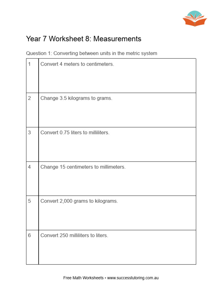 Year 7 Math: Measurements Worksheet | PDF | Area | Volume