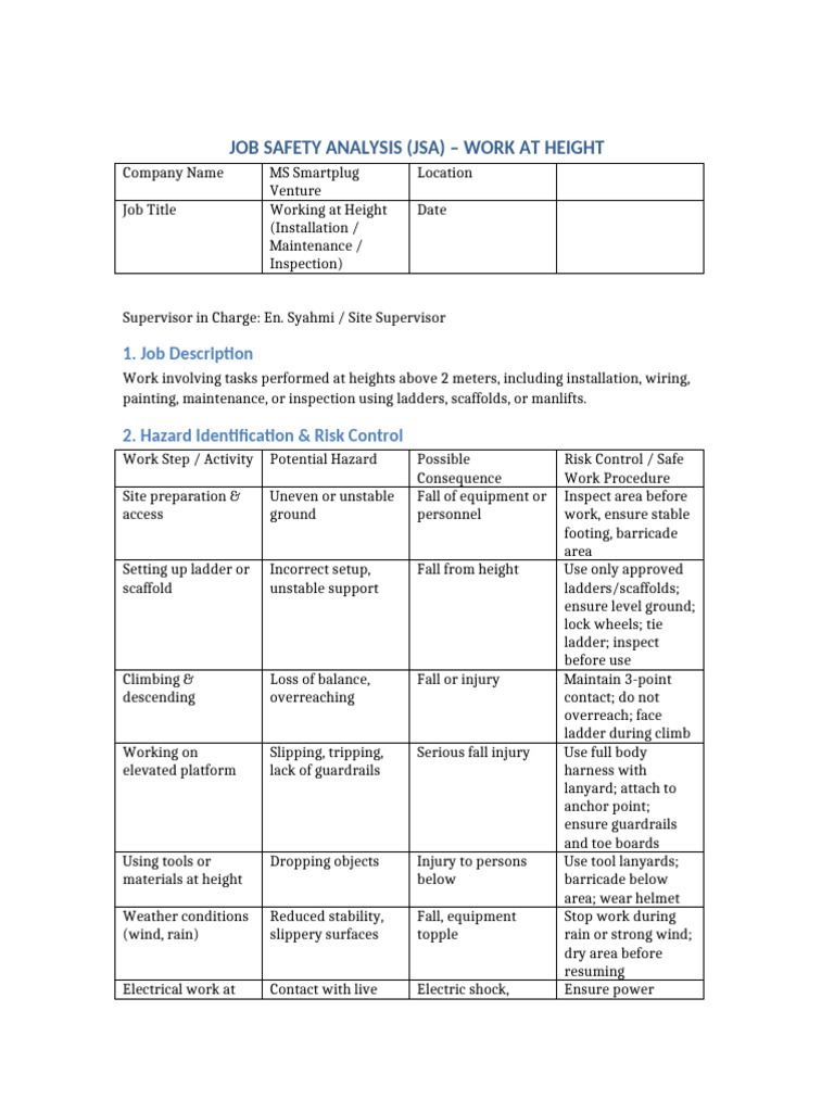 JSA for Working at Heights Safety | PDF | Safety | Occupational Safety ...