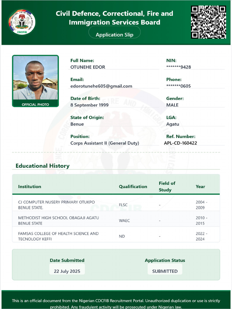 OTUNEHE SABO EDOR Application Slip | PDF