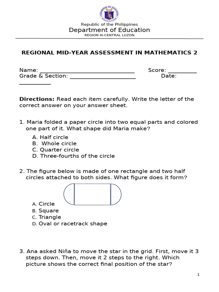 Regional Math Assessment Grade 2 | PDF