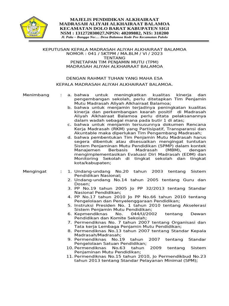 Penetapan Tim Penjamin Mutu MA Alkhairaat | PDF