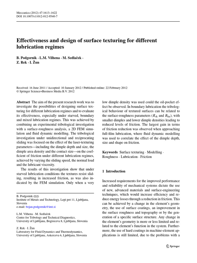 Surface Texturing for Lubrication Optimization | PDF | Friction ...