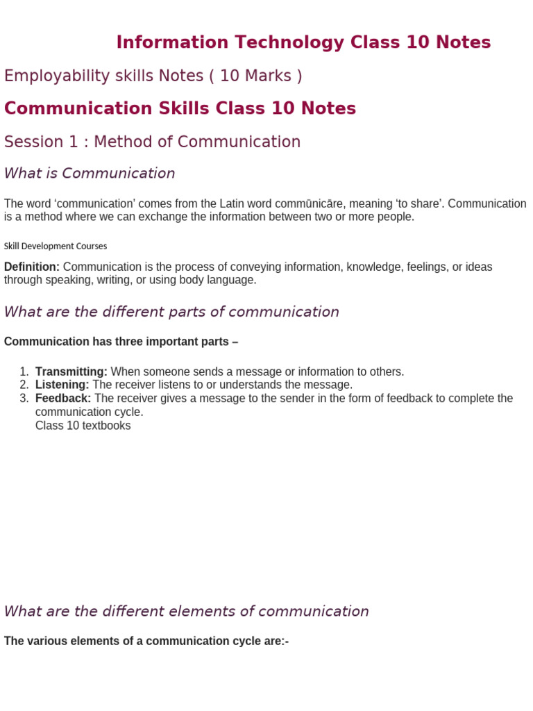 Information Technology Class 10 Notes | PDF | Communication | Nonverbal ...
