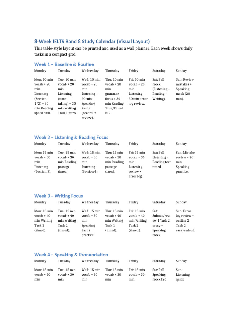 8-Week IELTS Study Calendar Guide | PDF | Standardized Tests | Tests