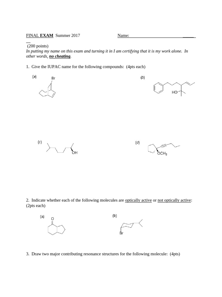 Summer 2017 Chemistry Final Exam | PDF