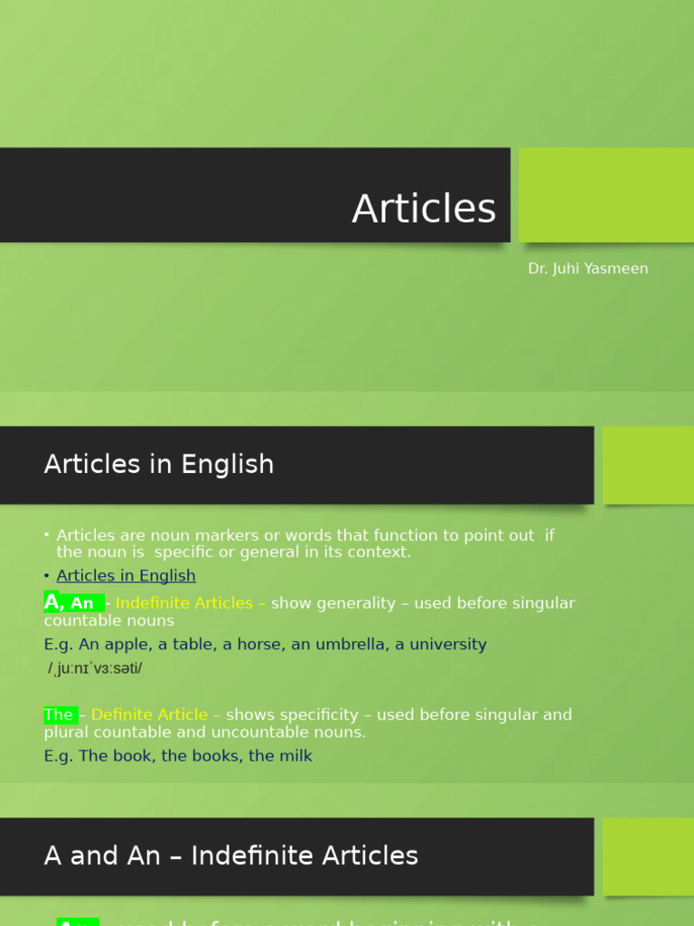 Articles | PDF | Noun | Adjective