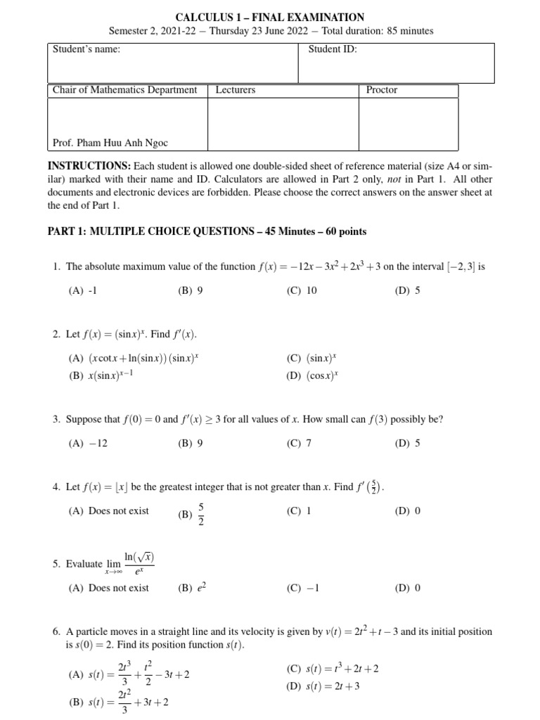 Calculus 1 Final Exam June 2022 | PDF | Calculus | Mathematics