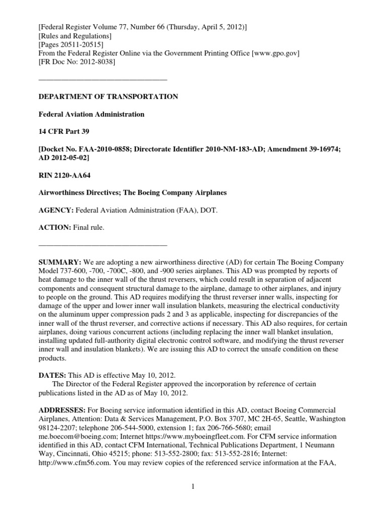 FAA AD 20120502 Federal Aviation Administration Rulemaking