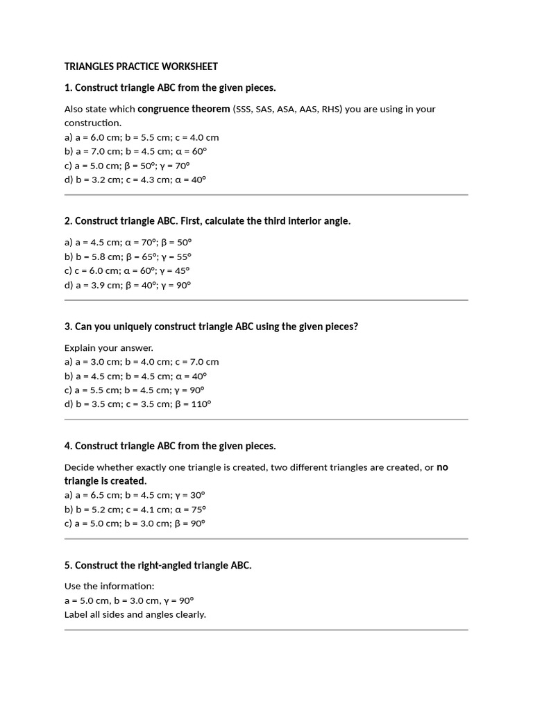 Triangle Construction Practice Worksheet | PDF