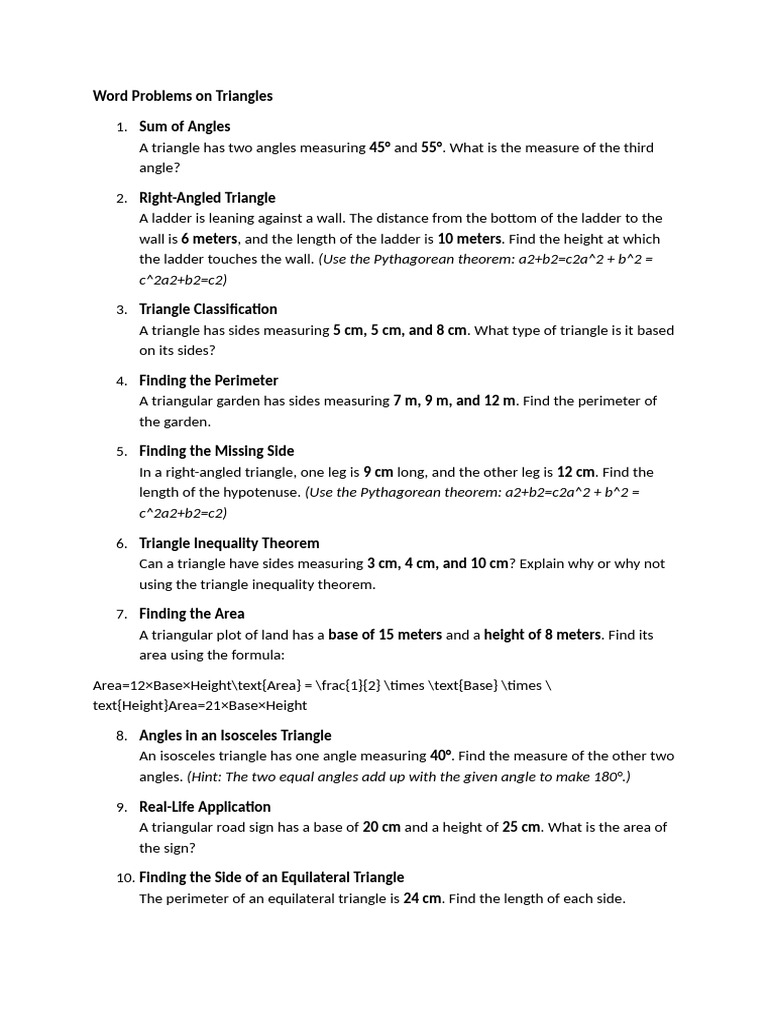 Triangle Word Problems and Solutions | PDF