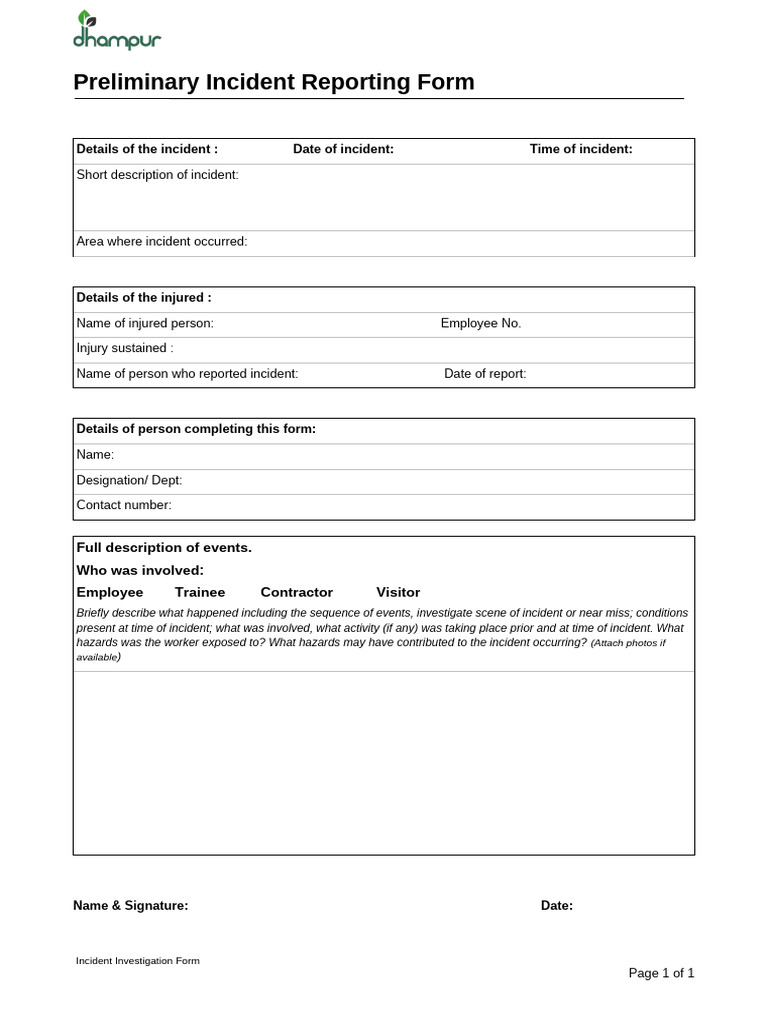 Preliminary Incident Reporting Form | PDF