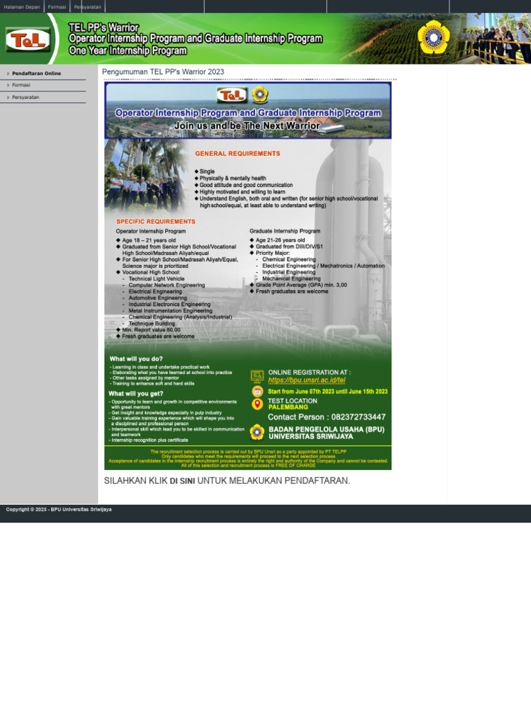 TEL PP's Warrior - Operator and Graduate Internship Program 2023 | PDF