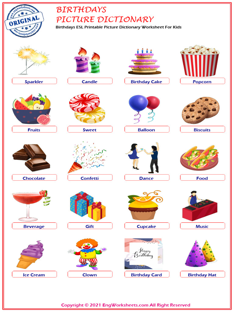 Birthdays Esl Printable Picture Dictionary Worksheet For Kids 8587 | PDF