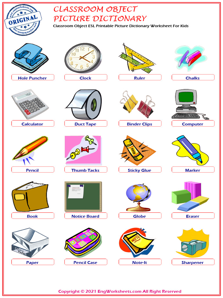 Classroom Object Esl Printable Picture Dictionary Worksheet For Kids ...